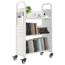 Ripojošs bibliotēkas grāmatu ratiņš, 150 kg kravnesība, 77 × 38 × 122 cm, ar vienpusējām V veida plauktiem un 76,2 mm fiksējamiem riteņiem, grāmatu ratiņš mājai, birojam un skolai, balts