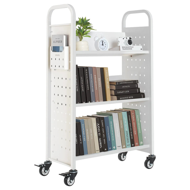 Ripojošs bibliotēkas grāmatu ratiņš, 150 kg kravnesība, 77 × 38 × 122 cm, ar vienpusējām V veida plauktiem un 76,2 mm fiksējamiem riteņiem, grāmatu ratiņš mājai, birojam un skolai, balts