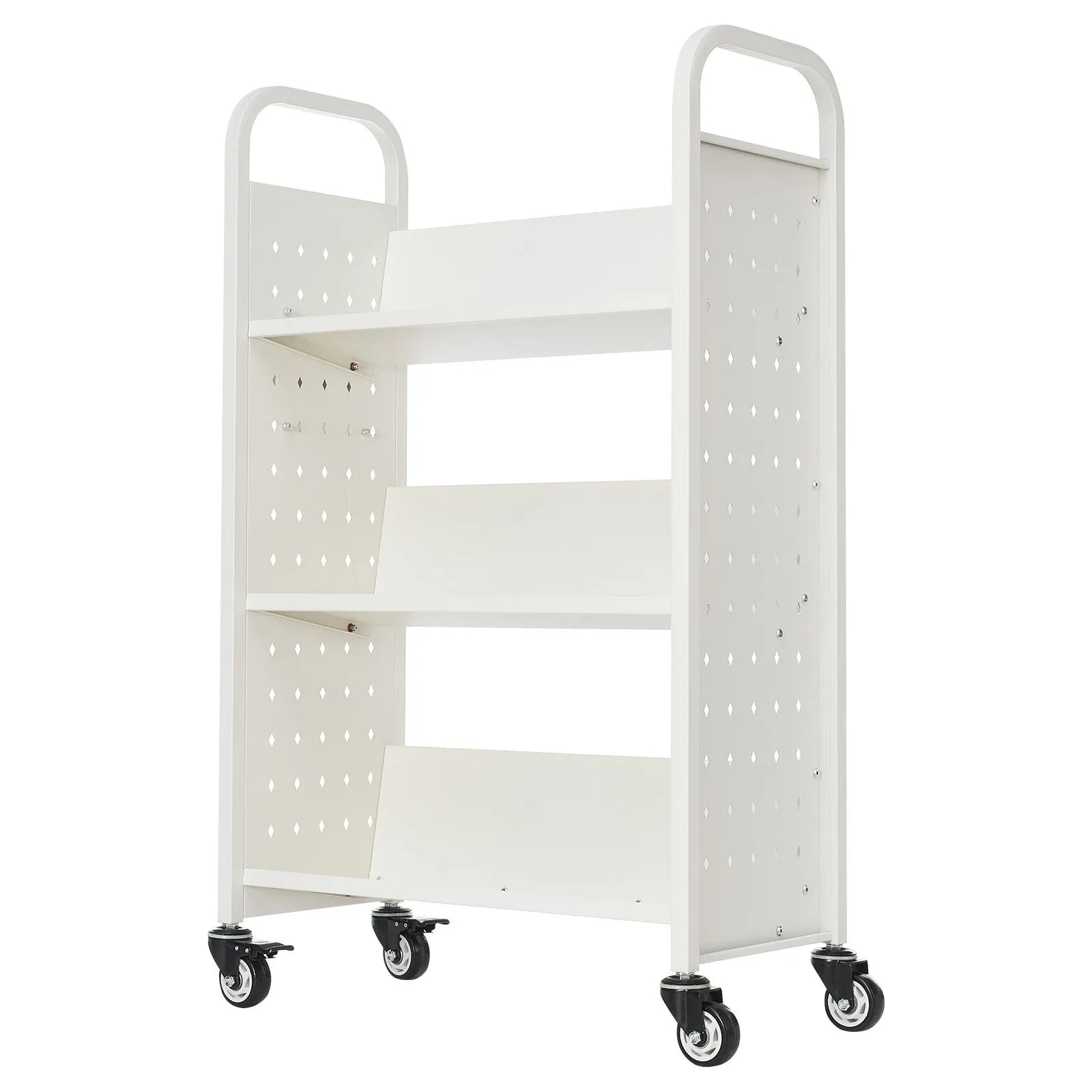 Ripojošs bibliotēkas grāmatu ratiņš, 150 kg kravnesība, 77 × 38 × 122 cm, ar vienpusējām V veida plauktiem un 76,2 mm fiksējamiem riteņiem, grāmatu ratiņš mājai, birojam un skolai, balts