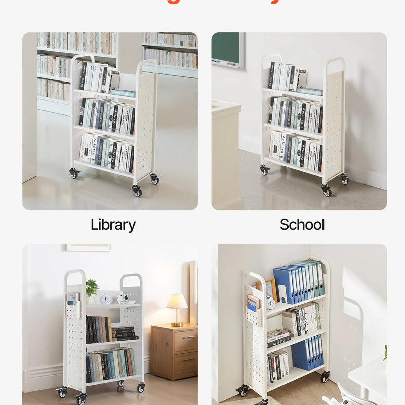 Ripojošs bibliotēkas grāmatu ratiņš, 150 kg kravnesība, 77 × 38 × 122 cm, ar vienpusējām V veida plauktiem un 76,2 mm fiksējamiem riteņiem, grāmatu ratiņš mājai, birojam un skolai, balts