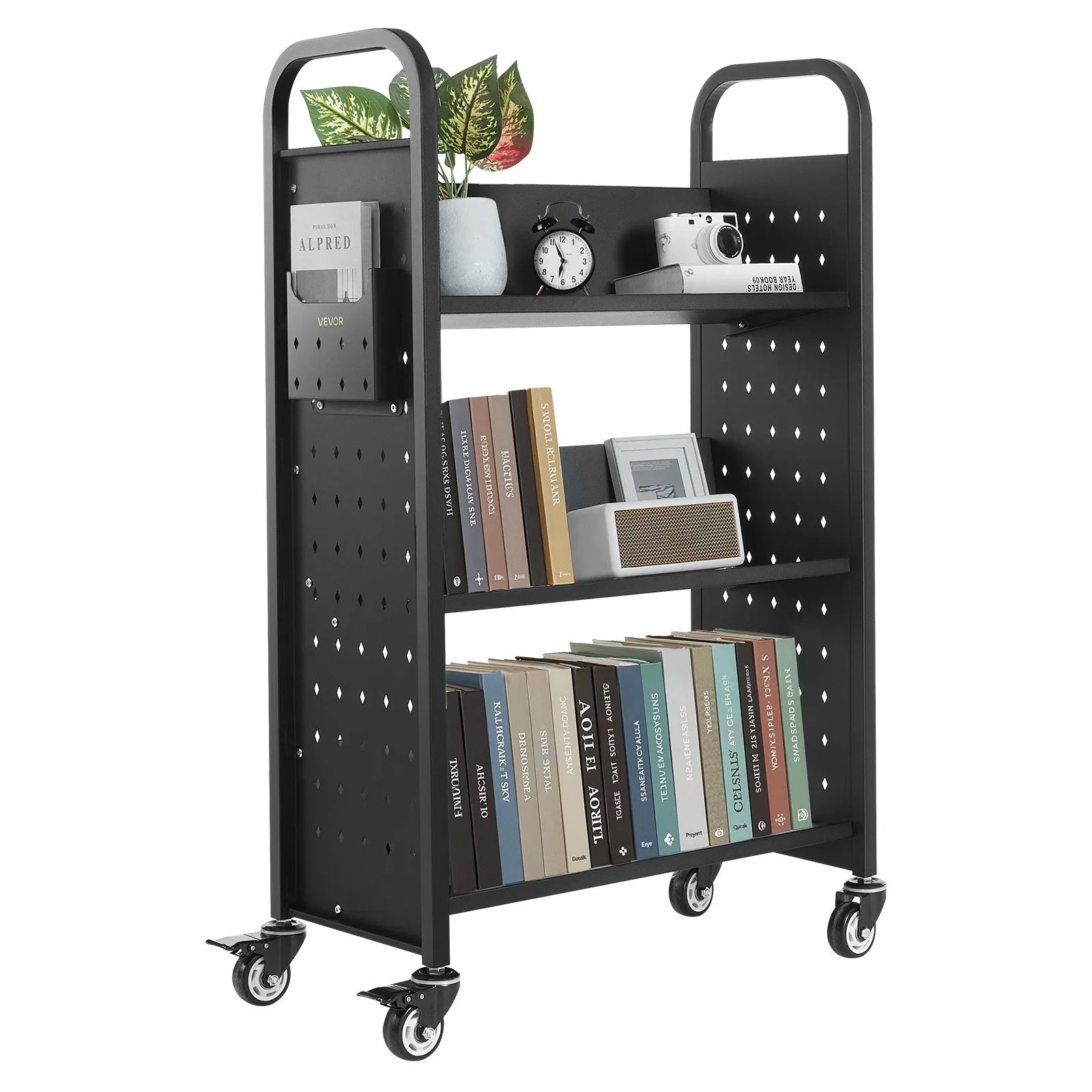 Ripojošs bibliotēkas grāmatu ratiņš, 150 kg kravnesība, 77 × 38 × 122 cm, ar vienpusējiem V veida plauktiem un 76,2 mm fiksējamiem riteņiem, grāmatu ratiņš mājai, birojam un skolai, melns
