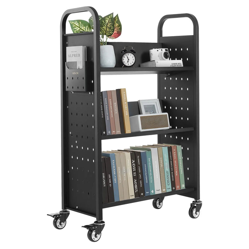 Ripojošs bibliotēkas grāmatu ratiņš, 150 kg kravnesība, 77 × 38 × 122 cm, ar vienpusējiem V veida plauktiem un 76,2 mm fiksējamiem riteņiem, grāmatu ratiņš mājai, birojam un skolai, melns