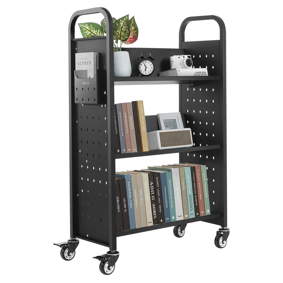 Ripojošs bibliotēkas grāmatu ratiņš, 150 kg kravnesība, 77 × 38 × 122 cm, ar vienpusējiem V veida plauktiem un 76,2 mm fiksējamiem riteņiem, grāmatu ratiņš mājai, birojam un skolai, melns