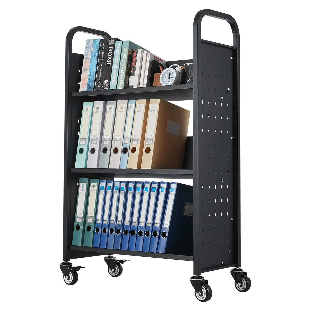 Ripojošs bibliotēkas grāmatu ratiņš, 150 kg kravnesība, 77 × 38 × 122 cm, ar vienpusējiem V veida plauktiem un 76,2 mm fiksējamiem riteņiem, grāmatu ratiņš mājai, birojam un skolai, melns