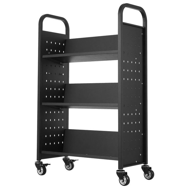 Ripojošs bibliotēkas grāmatu ratiņš, 150 kg kravnesība, 77 × 38 × 122 cm, ar vienpusējiem V veida plauktiem un 76,2 mm fiksējamiem riteņiem, grāmatu ratiņš mājai, birojam un skolai, melns