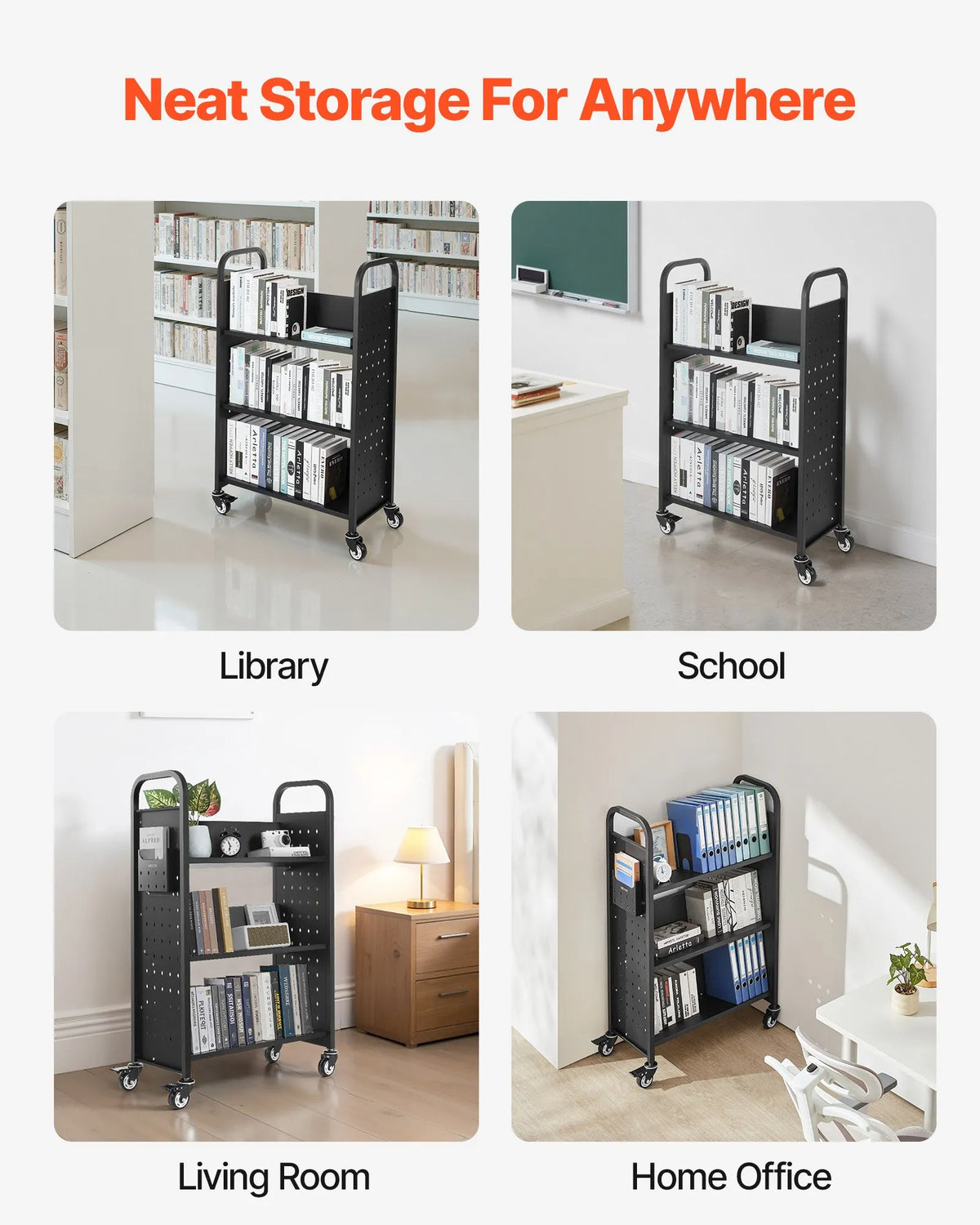 Ripojošs bibliotēkas grāmatu ratiņš, 150 kg kravnesība, 77 × 38 × 122 cm, ar vienpusējiem V veida plauktiem un 76,2 mm fiksējamiem riteņiem, grāmatu ratiņš mājai, birojam un skolai, melns