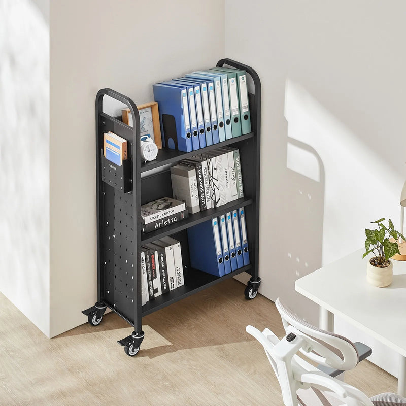 Ripojošs bibliotēkas grāmatu ratiņš, 150 kg kravnesība, 77 × 38 × 122 cm, ar vienpusējiem V veida plauktiem un 76,2 mm fiksējamiem riteņiem, grāmatu ratiņš mājai, birojam un skolai, melns
