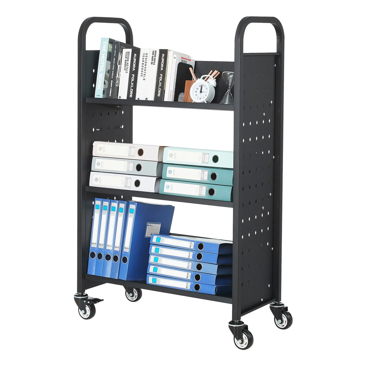 Ripojošs bibliotēkas grāmatu ratiņš, 150 kg kravnesība, 77 × 38 × 122 cm, ar vienpusējiem V veida plauktiem un 76,2 mm fiksējamiem riteņiem, grāmatu ratiņš mājai, birojam un skolai, melns