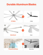 VEVOR 244 cm alumīnija griestu ventilators bez apgaismojuma, ar tālvadības pulti, matēti niķeļa krāsā