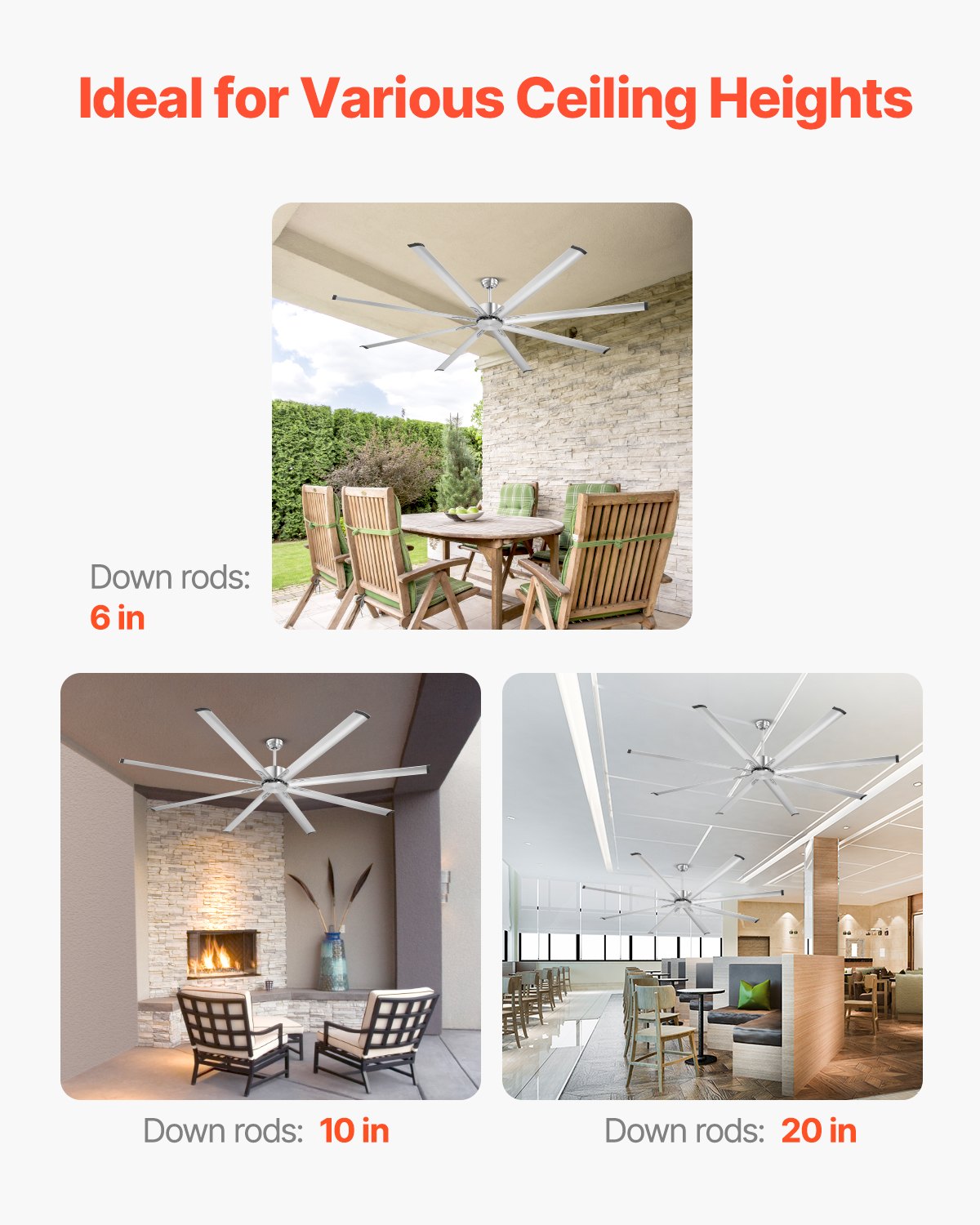 VEVOR 244 cm alumīnija griestu ventilators bez apgaismojuma, ar tālvadības pulti, matēti niķeļa krāsā