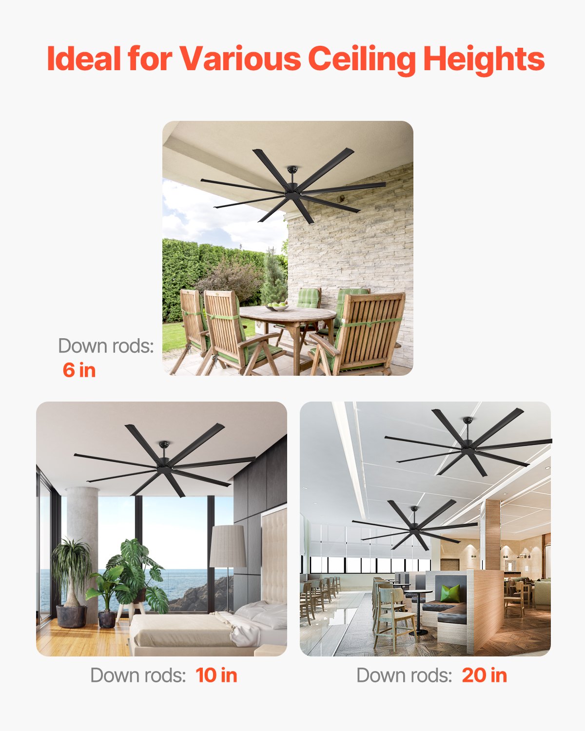 VEVOR 244 cm alumīnija griestu ventilators bez apgaismojuma, tālvadība, līdzstrāvas motors, melns