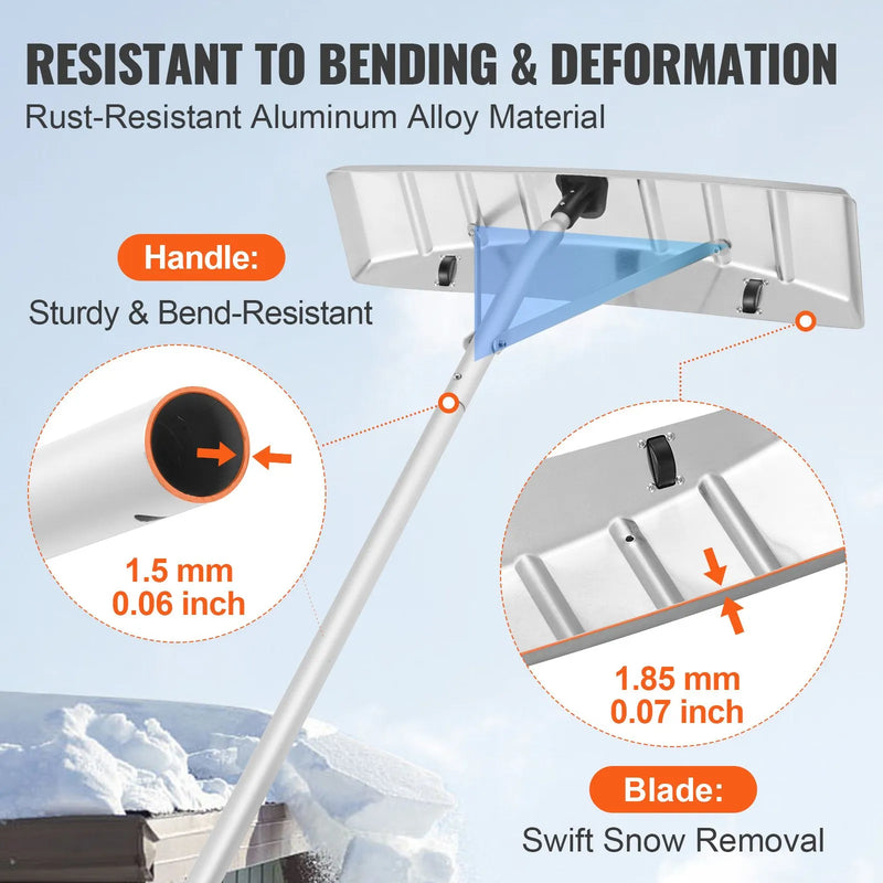 VEVOR Sniega jumta lāpsta, 63,5 cm asmens, 640 cm alumīnija kāts ar rullīšiem jumta aizsardzībai, neslīdošs rokturis, viegli saliekama un lietojama jumta, automašīnas sniega un slapjo lapu tīrīšanai
