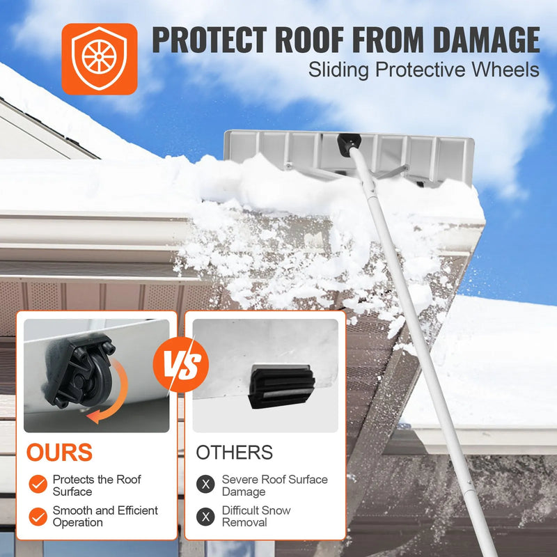 VEVOR Sniega jumta lāpsta, 63,5 cm asmens, 640 cm alumīnija kāts ar rullīšiem jumta aizsardzībai, neslīdošs rokturis, viegli saliekama un lietojama jumta, automašīnas sniega un slapjo lapu tīrīšanai