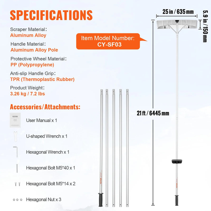 VEVOR Sniega jumta lāpsta, 63,5 cm asmens, 640 cm alumīnija kāts ar rullīšiem jumta aizsardzībai, neslīdošs rokturis, viegli saliekama un lietojama jumta, automašīnas sniega un slapjo lapu tīrīšanai