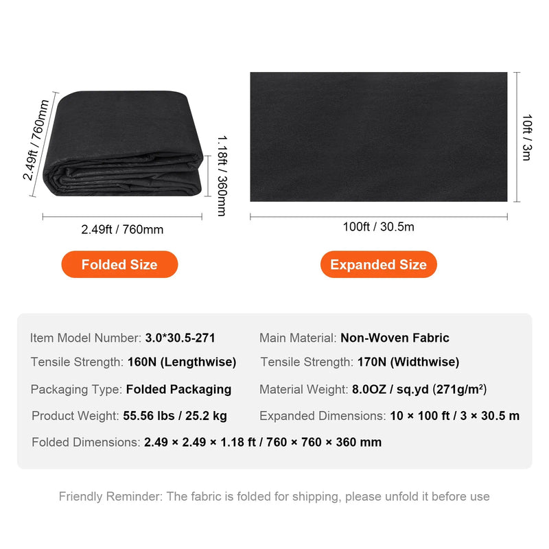 VEVOR Neausts ģeotekstils zem grants 3 x 30,5 m, 271 g/m² smaga tipa piebraucamā ceļa un ainavu audums, nezāļu ierobežošanas zemsedze un drenāžas audums franču drenāžai, melns