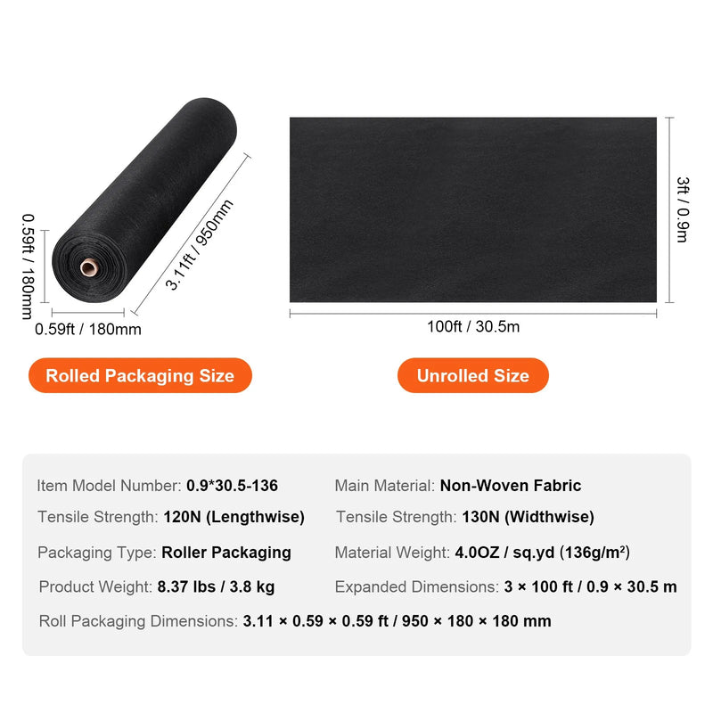 VEVOR neausts ģeotekstila audums 0,91 × 30,48 m, 4 OZ premium klases nezāļu barjeras ainavu un piebraucamā ceļa segums, drenāžas audums franču drenāžām, zemes segums dārzam un grants celiņiem