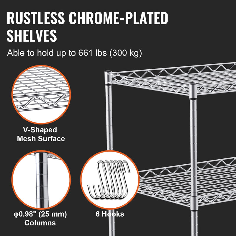 VEVOR virtuves rati ar 3 plauktiem, 300 kg jauda, tērauds, 80 mm dziļi grozi, 6 āķi