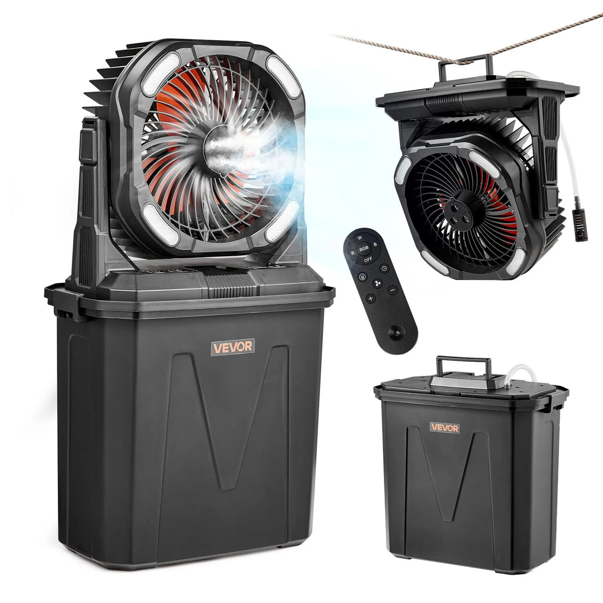 VEVOR mist fan with a motor running at over 2,700 rpm, water-cooled fan with a 9-liter water tank, 10,000 mAh battery, 4 speed and 5 lighting modes, suitable for indoor, outdoor, and patio use
