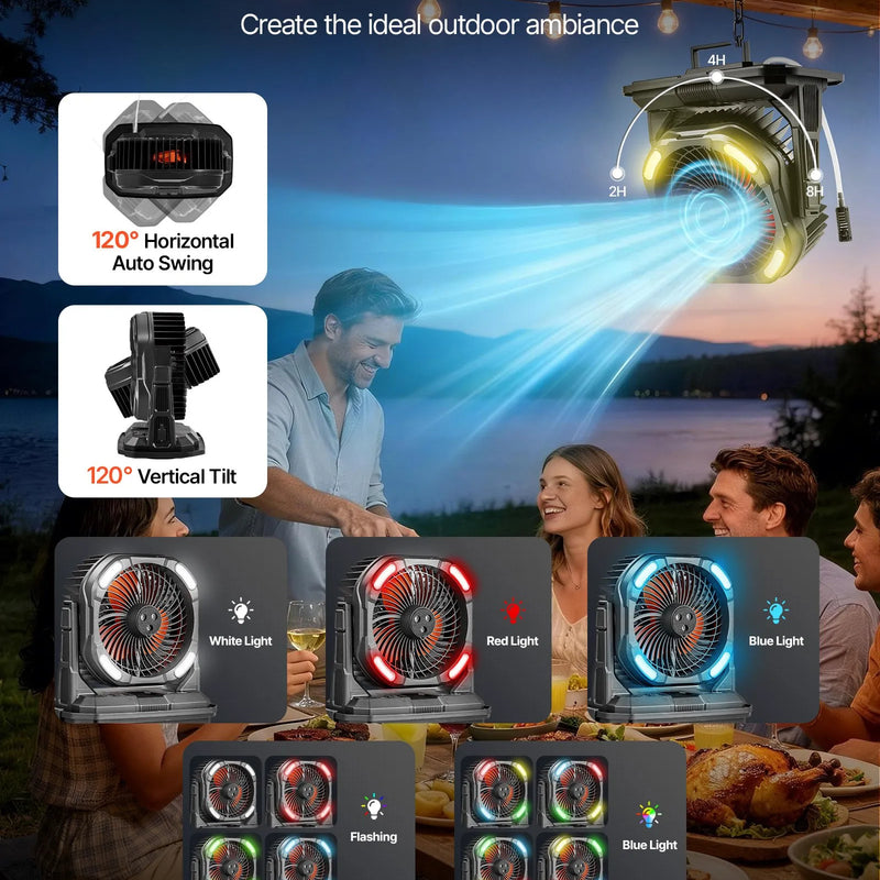 VEVOR miglas ventilators ar motoru virs 2700 apgr./min, ūdens dzesēšanas ventilators ar 9 l ūdens tvertni, 10 000 mAh akumulatoru, 4 ātruma un 5 apgaismojuma režīmi, piemērots iekštelpām, ārtelpām un terasei