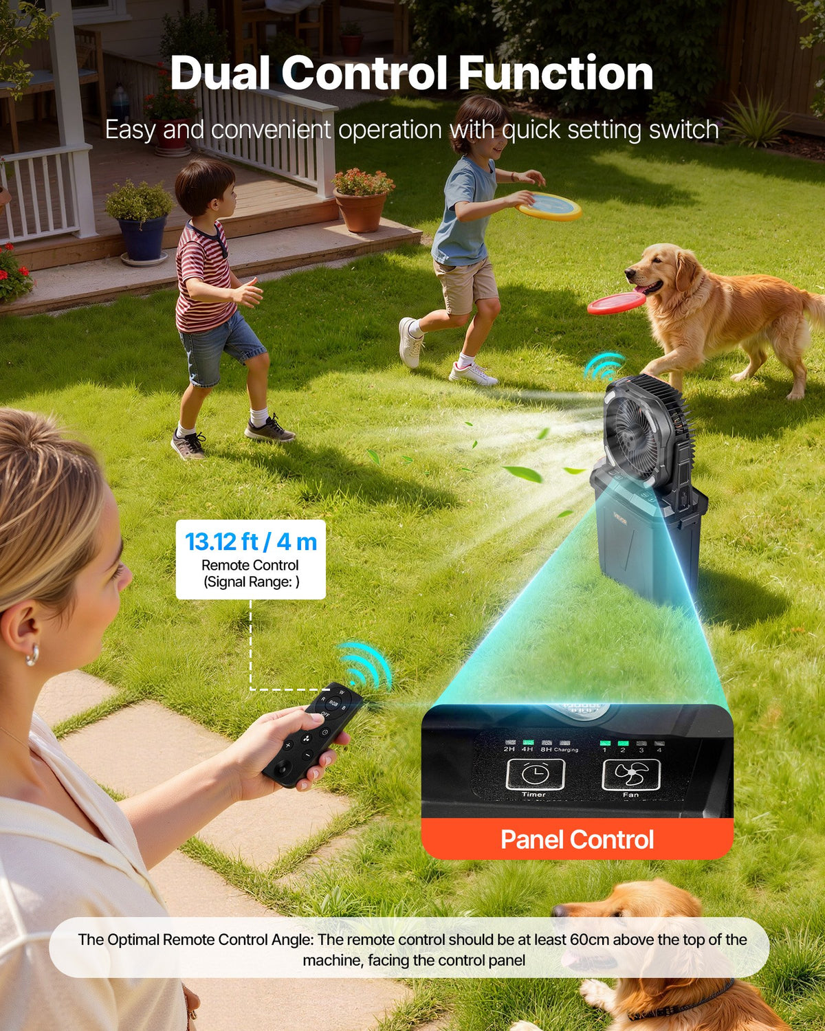 VEVOR mist fan with a motor running at over 2,700 rpm, water-cooled fan with a 9-liter water tank, 10,000 mAh battery, 4 speed and 5 lighting modes, suitable for indoor, outdoor, and patio use