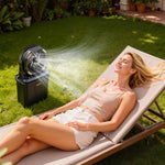 VEVOR mist fan with a motor running at over 2,700 rpm, water-cooled fan with a 9-liter water tank, 10,000 mAh battery, 4 speed and 5 lighting modes, suitable for indoor, outdoor, and patio use