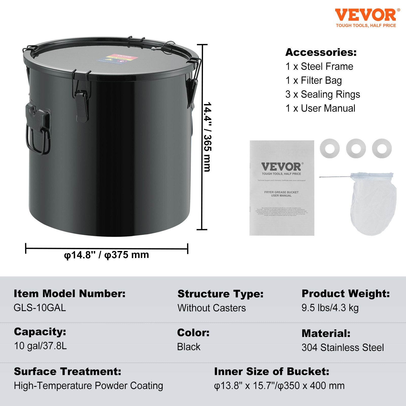 VEVOR 38 L nerūsējošā tērauda eļļas savākšanas konteiners ar vāku, filtru un ritentiņiem