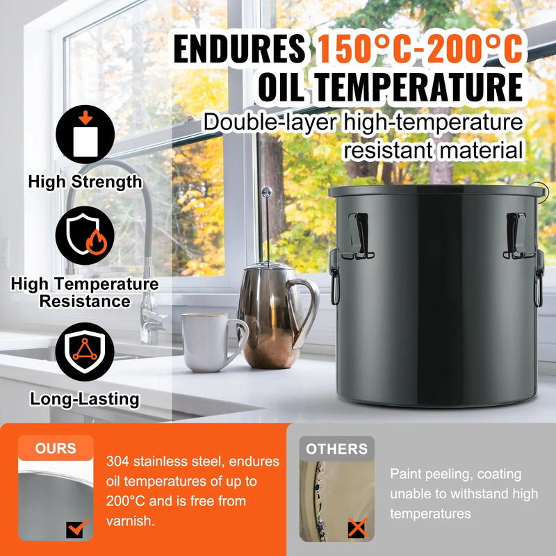 VEVOR fritiera tauku tvertne, 30 l eļļas savākšanas un pārvadāšanas konteiners no nerūsējošā tērauda ar rūsas izturīgu pārklājumu, ar vāku, fiksācijas skavām un filtra maisu karstas cepamās eļļas filtrēšanai, melna