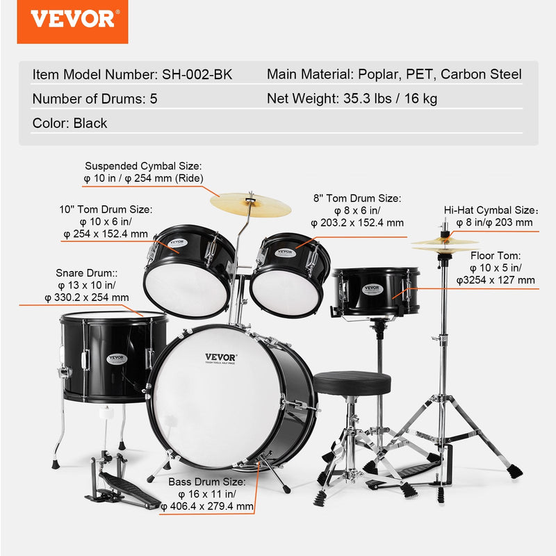 VEVOR Bērnu Bungu Komplekts – 5 Daļas, 40,6 cm, iesācējiem, ar sēdekli, melns