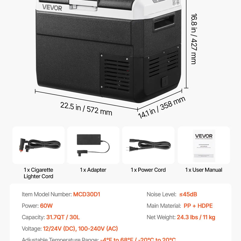 VEVOR 12 V auto ledusskapis 30 l ar regulējamu temperatūru no -20 °C līdz 20 °C, kompresora dzesētājs ar 12/24 V DC un 100–240 V AC barošanu kempingam, ceļošanai un kemperiem