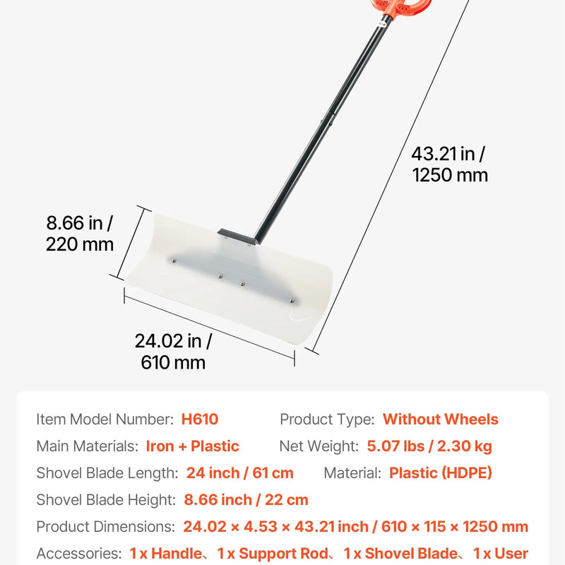 Sniega stūmējlāpsta 61 cm HDPE ar segmentētu kātu un ergonomisku rokturi