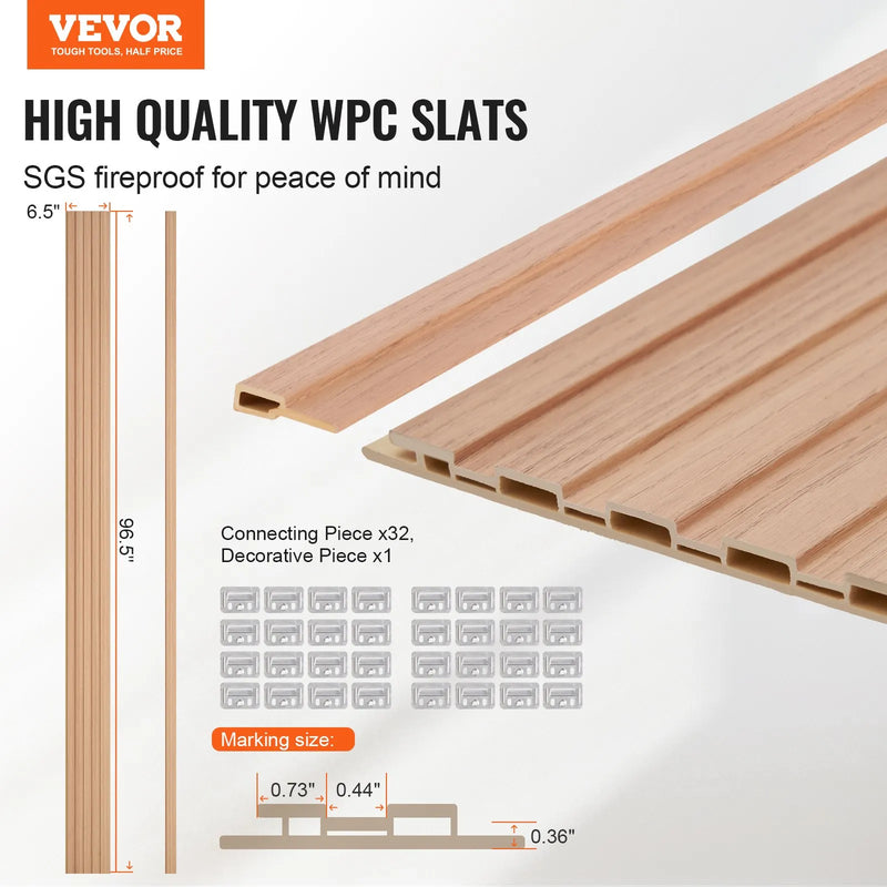 VEVOR koka līstu akustiskie paneļi, 8 gab., 2440 × 152 mm, WPC akcenta sienas paneļi modernam interjeram, mākslīgā koka sienas paneļi stilīgam dekoram un trokšņu samazināšanai, oša koka krāsā