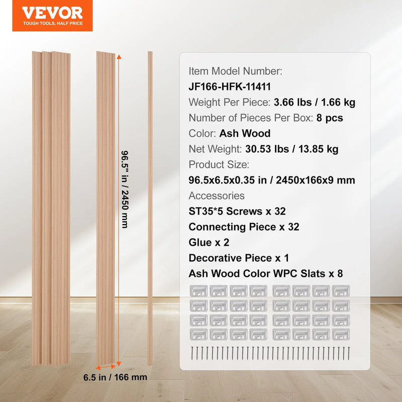 VEVOR koka līstu akustiskie paneļi, 8 gab., 2440 × 152 mm, WPC akcenta sienas paneļi modernam interjeram, mākslīgā koka sienas paneļi stilīgam dekoram un trokšņu samazināšanai, oša koka krāsā
