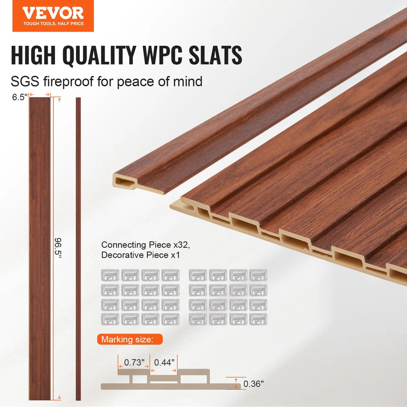 VEVOR koka līstu akustiskie paneļi, 8 gab., 2440 × 152 mm, WPC akcenta sienas paneļi modernam interjeram, mākslīgā koka sienas paneļi stilīgam dekoram un trokšņu samazināšanai, melnā valrieksta krāsā