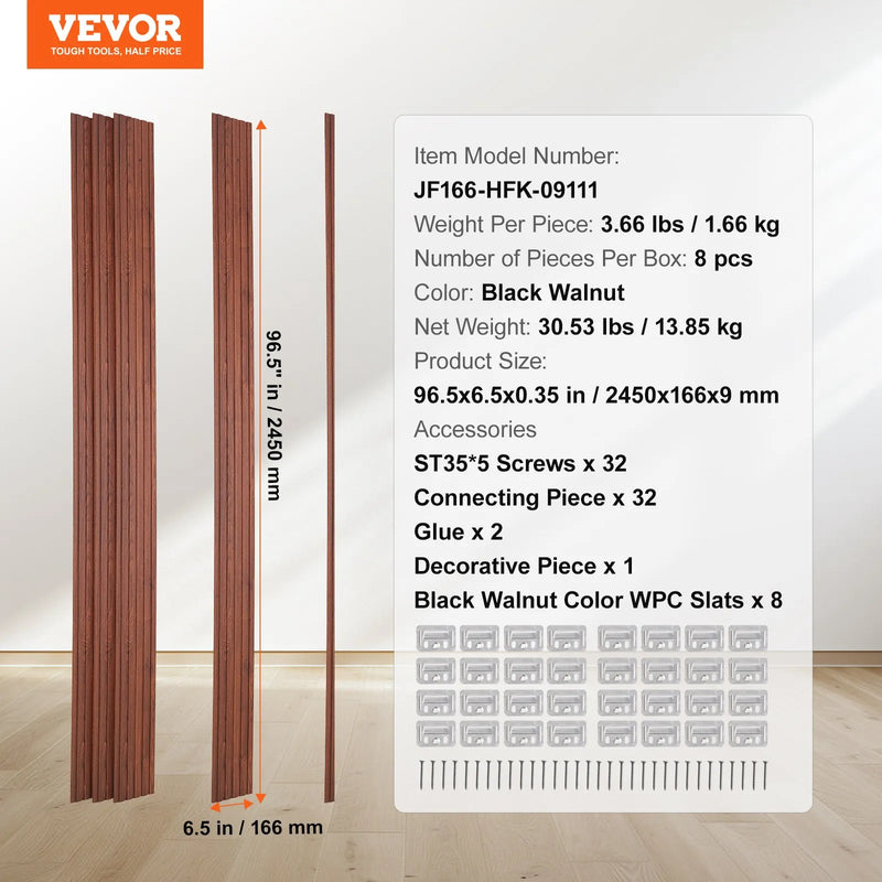 VEVOR koka līstu akustiskie paneļi, 8 gab., 2440 × 152 mm, WPC akcenta sienas paneļi modernam interjeram, mākslīgā koka sienas paneļi stilīgam dekoram un trokšņu samazināšanai, melnā valrieksta krāsā