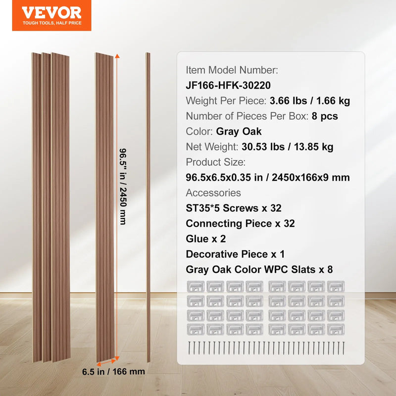 VEVOR koka līstu akustiskie paneļi, 8 gab., 2440 × 152 mm, WPC akcenta sienas paneļi modernam interjeram, mākslīgā koka sienas paneļi stilīgam dekoram un trokšņu samazināšanai, pelēkā ozola krāsā