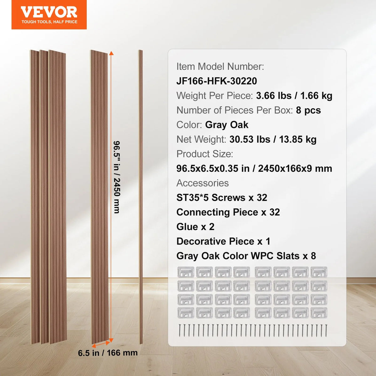 VEVOR koka līstu akustiskie paneļi, 8 gab., 2440 × 152 mm, WPC akcenta sienas paneļi modernam interjeram, mākslīgā koka sienas paneļi stilīgam dekoram un trokšņu samazināšanai, pelēkā ozola krāsā