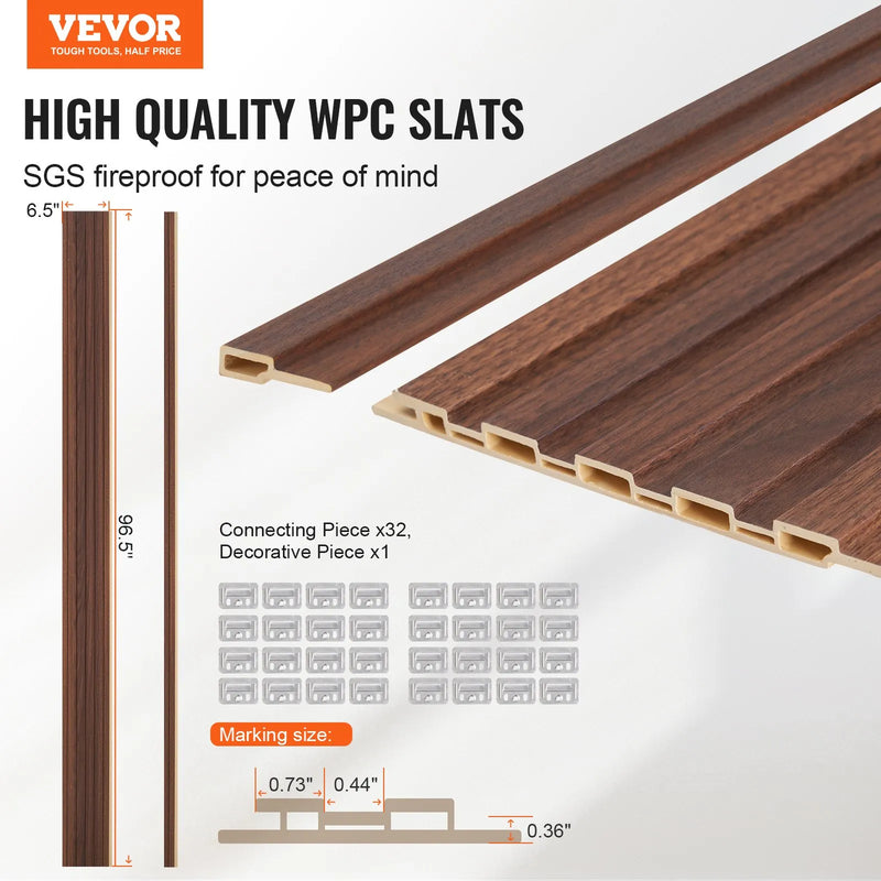 VEVOR koka līstu akustiskie paneļi, 8 gab., 2440 × 152 mm, WPC akcenta sienas paneļi modernam interjeram, mākslīgā koka sienas paneļi stilīgam dekoram un trokšņu samazināšanai, tumšā tīkkoka krāsā
