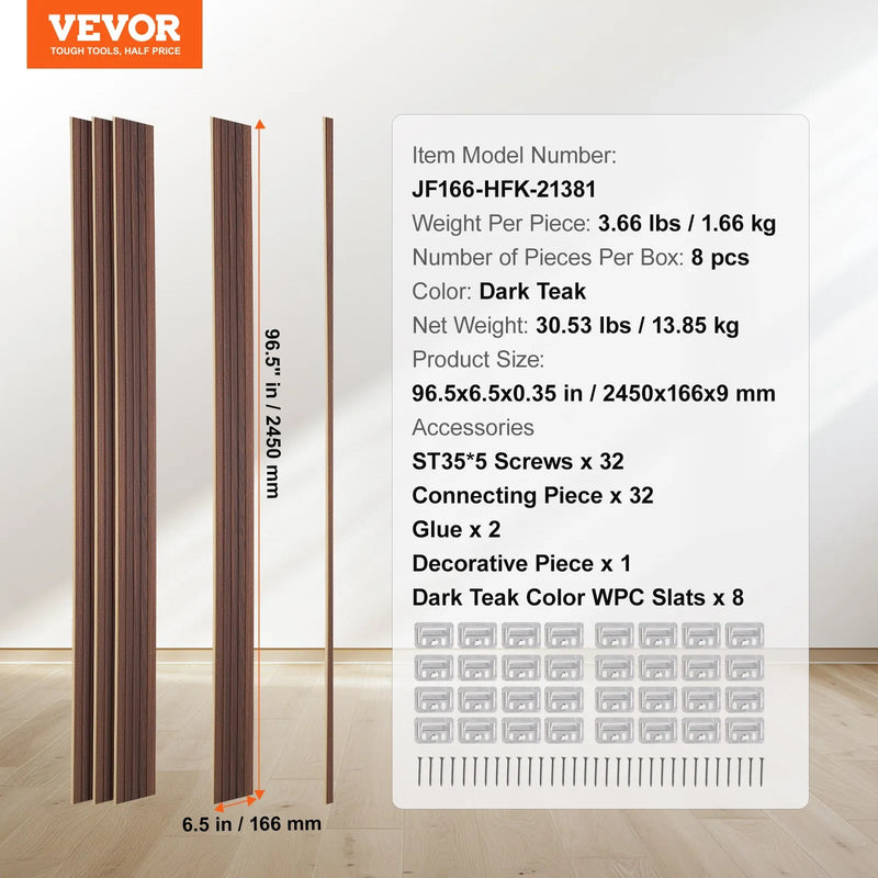 VEVOR koka līstu akustiskie paneļi, 8 gab., 2440 × 152 mm, WPC akcenta sienas paneļi modernam interjeram, mākslīgā koka sienas paneļi stilīgam dekoram un trokšņu samazināšanai, tumšā tīkkoka krāsā