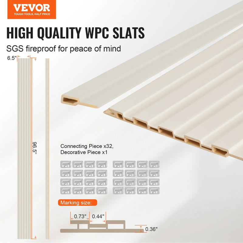 VEVOR koka līstu akustiskie paneļi, 8 gab., 2440 × 152 mm, WPC akcenta sienas paneļi modernam interjeram, mākslīgā koka sienas paneļi stilīgam dekoram un trokšņu samazināšanai, matēti baltā krāsā