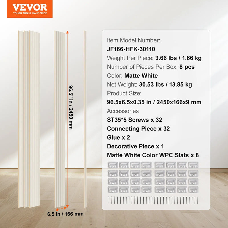 VEVOR koka līstu akustiskie paneļi, 8 gab., 2440 × 152 mm, WPC akcenta sienas paneļi modernam interjeram, mākslīgā koka sienas paneļi stilīgam dekoram un trokšņu samazināšanai, matēti baltā krāsā