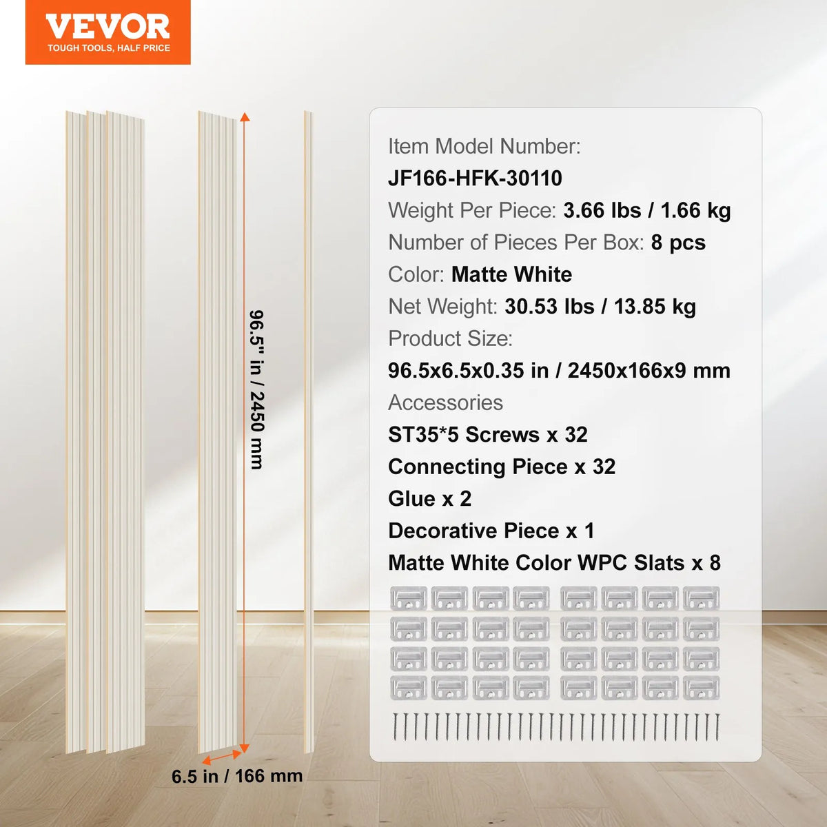 VEVOR koka līstu akustiskie paneļi, 8 gab., 2440 × 152 mm, WPC akcenta sienas paneļi modernam interjeram, mākslīgā koka sienas paneļi stilīgam dekoram un trokšņu samazināšanai, matēti baltā krāsā
