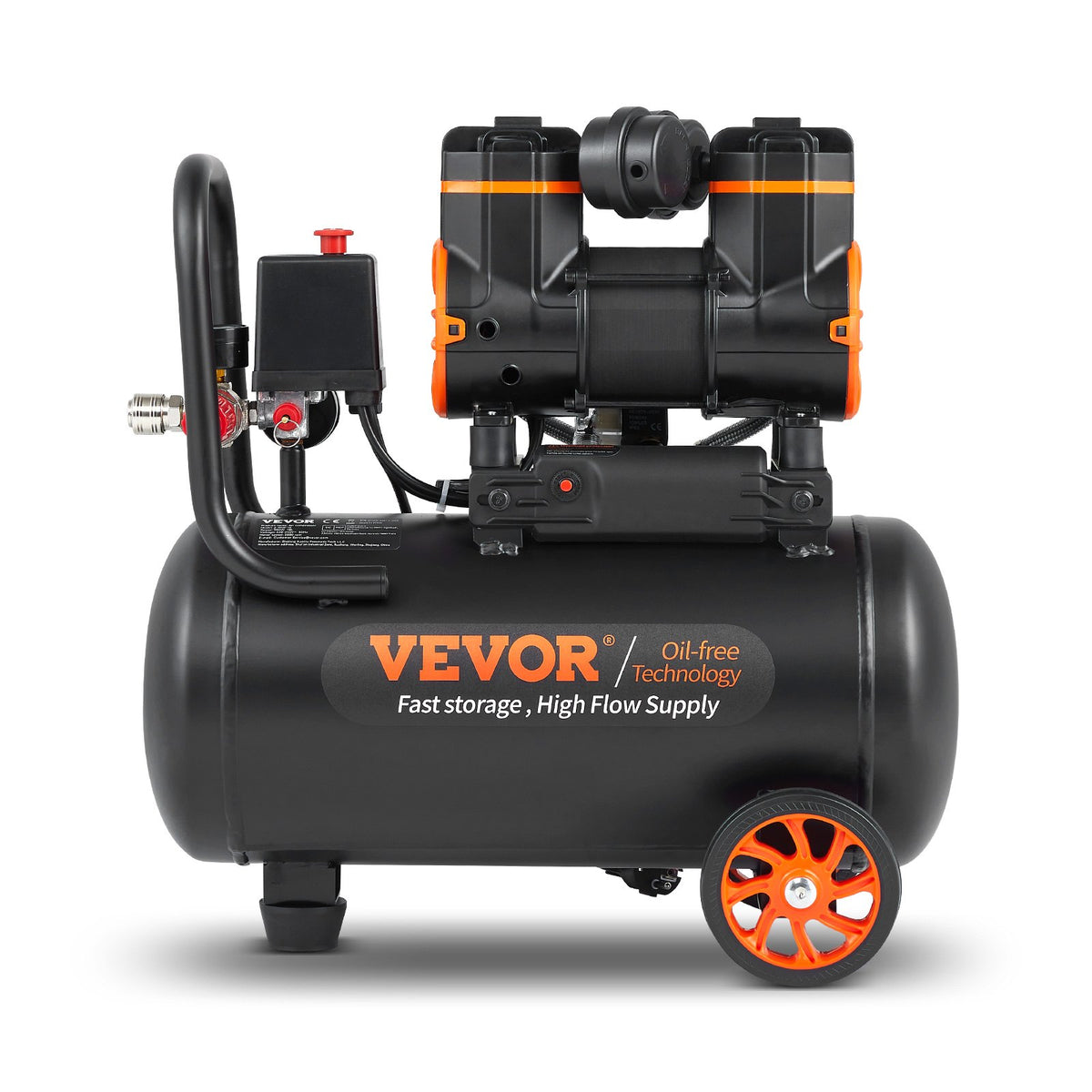 VEVOR bez eļļas īpaši klusais gaisa kompresors, 4,8 l, 900 W, 62 l/min pie 6,2 bāriem, 70 dB
