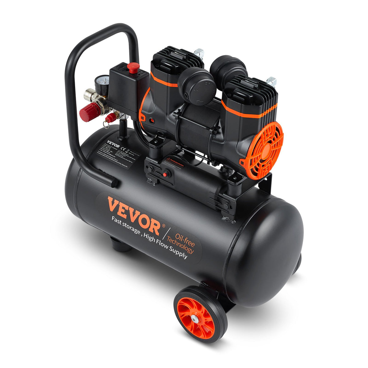 VEVOR bez eļļas īpaši klusais gaisa kompresors, 4,8 l, 900 W, 62 l/min pie 6,2 bāriem, 70 dB