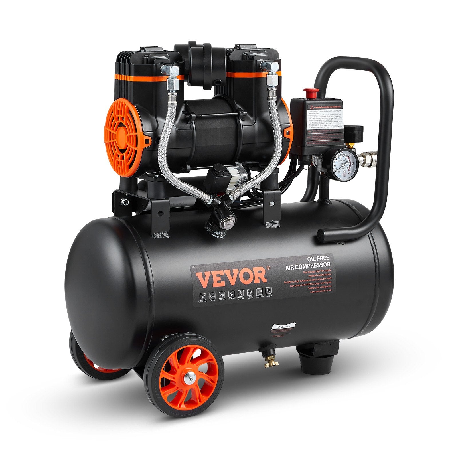 VEVOR bez eļļas īpaši klusais gaisa kompresors, 4,8 l, 900 W, 62 l/min pie 6,2 bāriem, 70 dB