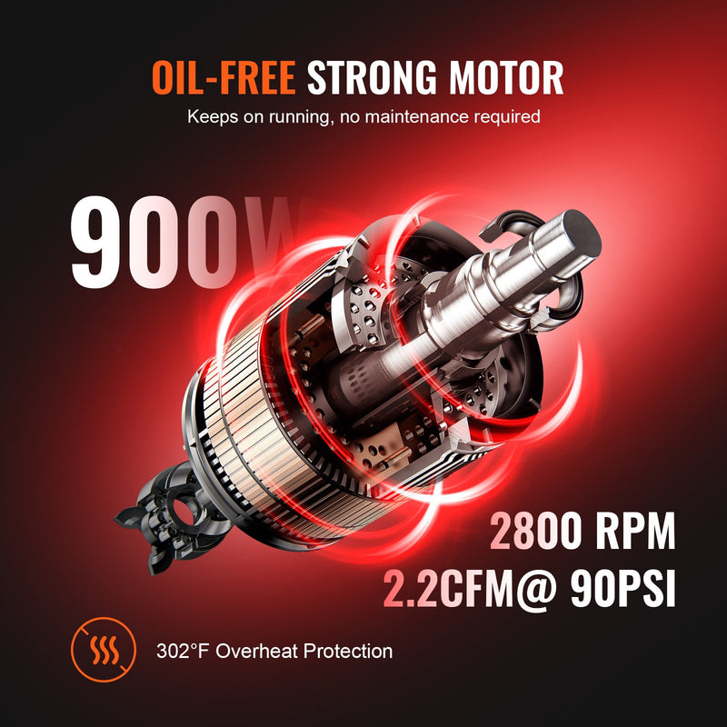 VEVOR bez eļļas īpaši klusais gaisa kompresors, 4,8 l, 900 W, 62 l/min pie 6,2 bāriem, 70 dB