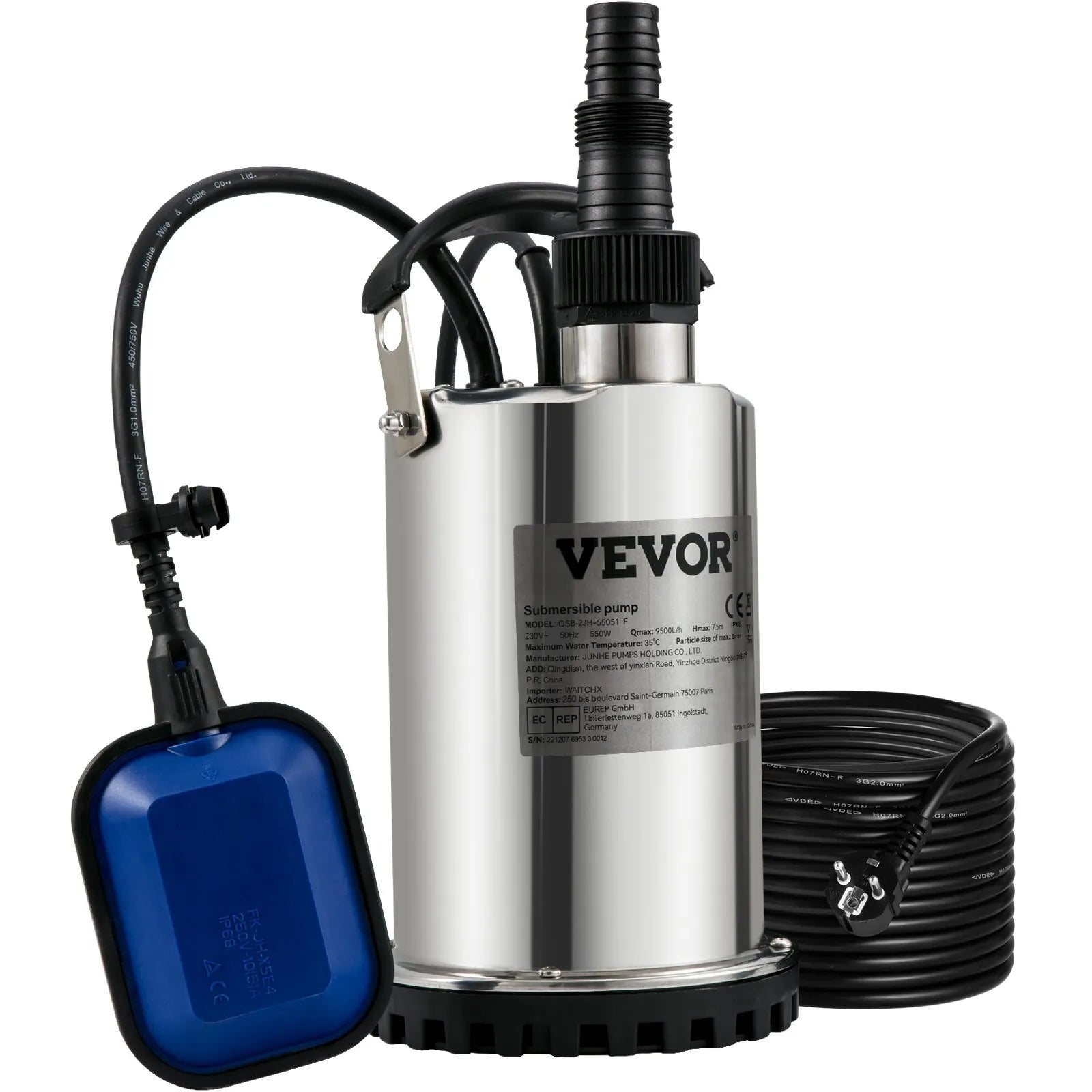 VEVOR iegremdējamais ūdens sūknis 550 W, plūsma līdz 9 500 l/h, ar 10 m kabeli un automātisku pludiņslēdzi, pārnēsājams nerūsējošā tērauda korpuss, piemērots tīram ūdenim, applūdušu vietu nosusināšanai, baseiniem, karstajām vannām un apūdeņošanai