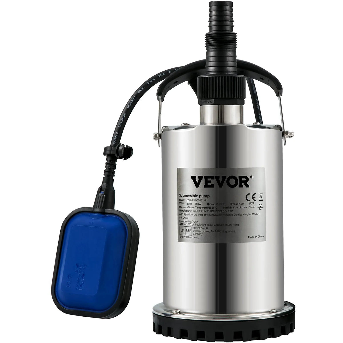 VEVOR iegremdējamais ūdens sūknis 550 W, plūsma līdz 9 500 l/h, ar 10 m kabeli un automātisku pludiņslēdzi, pārnēsājams nerūsējošā tērauda korpuss, piemērots tīram ūdenim, applūdušu vietu nosusināšanai, baseiniem, karstajām vannām un apūdeņošanai