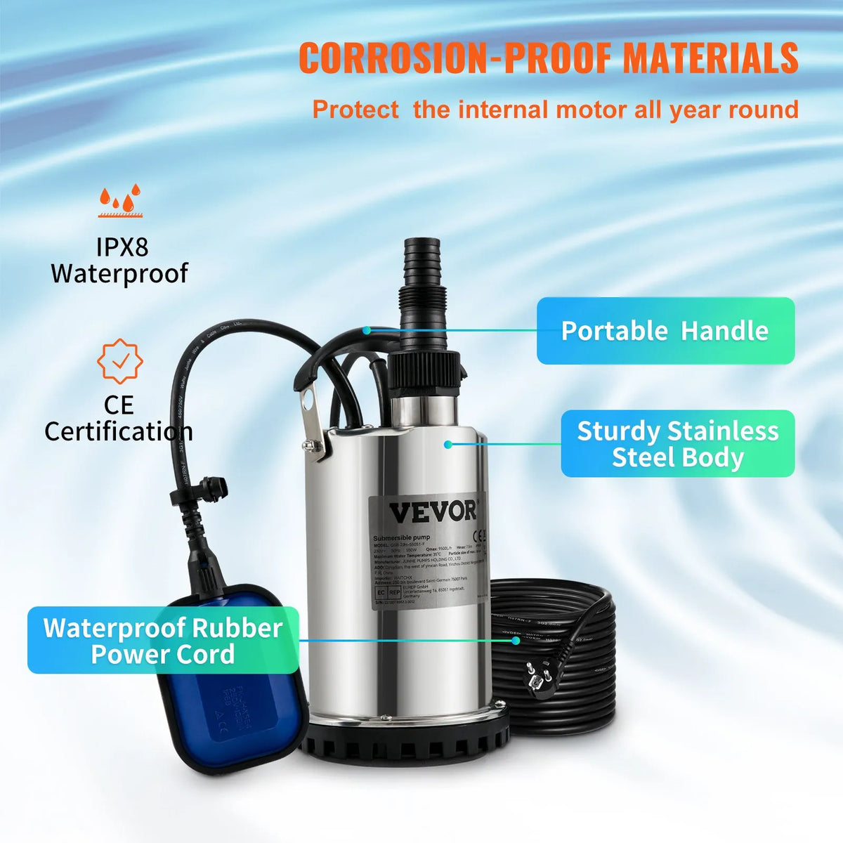 VEVOR iegremdējamais ūdens sūknis 550 W, plūsma līdz 9 500 l/h, ar 10 m kabeli un automātisku pludiņslēdzi, pārnēsājams nerūsējošā tērauda korpuss, piemērots tīram ūdenim, applūdušu vietu nosusināšanai, baseiniem, karstajām vannām un apūdeņošanai