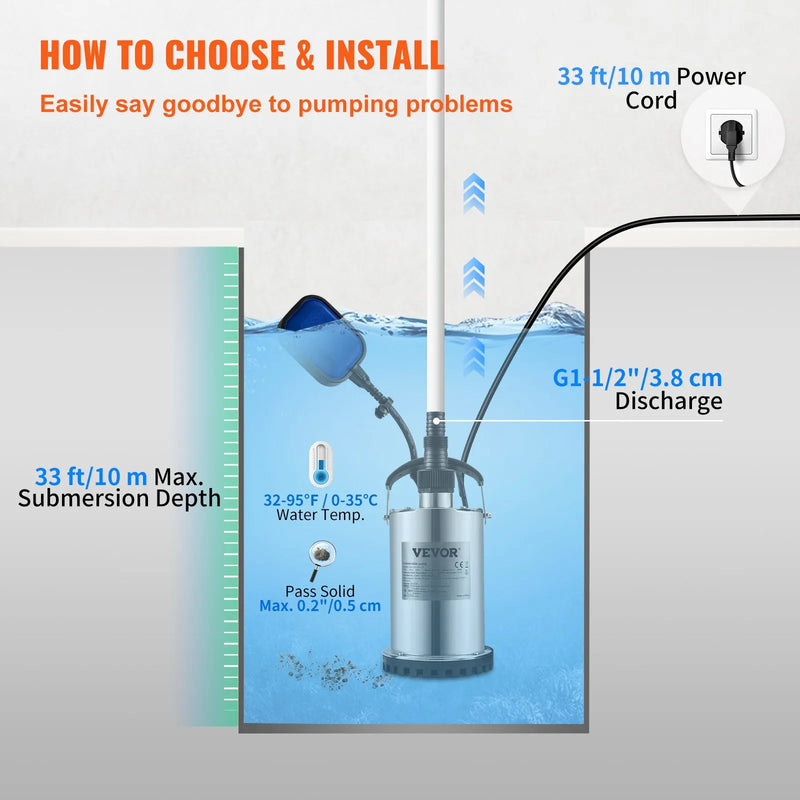 VEVOR iegremdējamais ūdens sūknis 550 W, plūsma līdz 9 500 l/h, ar 10 m kabeli un automātisku pludiņslēdzi, pārnēsājams nerūsējošā tērauda korpuss, piemērots tīram ūdenim, applūdušu vietu nosusināšanai, baseiniem, karstajām vannām un apūdeņošanai
