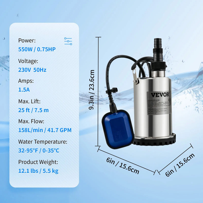 VEVOR iegremdējamais ūdens sūknis 550 W, plūsma līdz 9 500 l/h, ar 10 m kabeli un automātisku pludiņslēdzi, pārnēsājams nerūsējošā tērauda korpuss, piemērots tīram ūdenim, applūdušu vietu nosusināšanai, baseiniem, karstajām vannām un apūdeņošanai